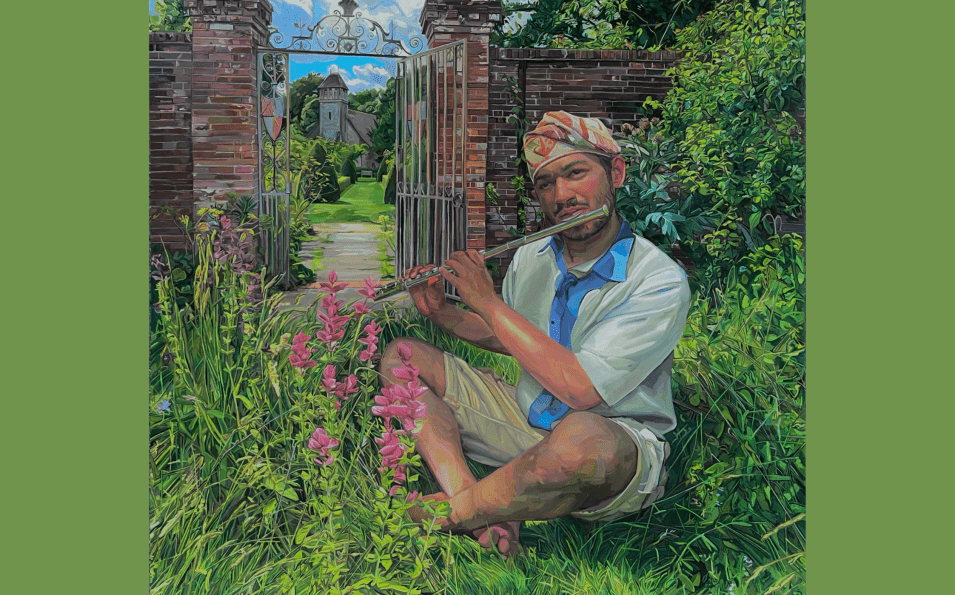 Portrait of Neo Allert playing a flue in a walled garden with a church in the background