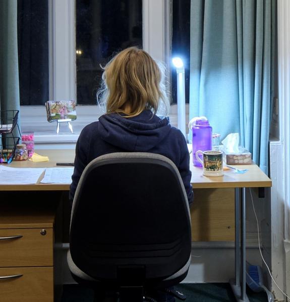 Student at desk, facing away