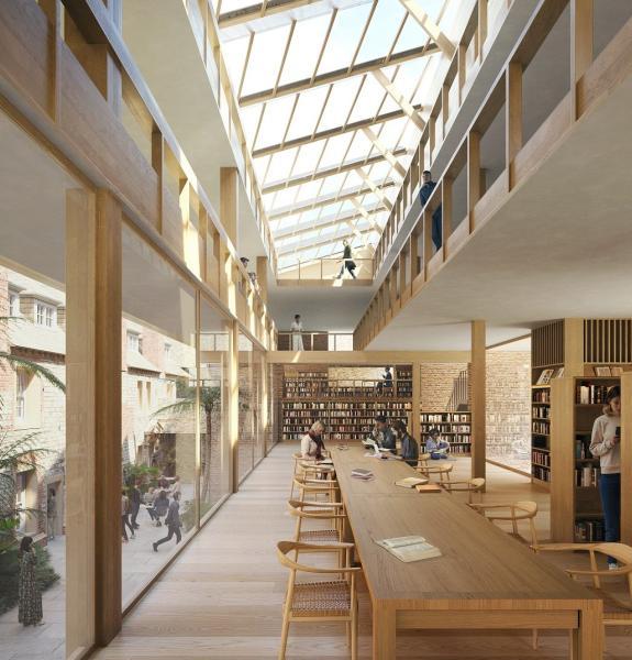 Interior with long table and skylight