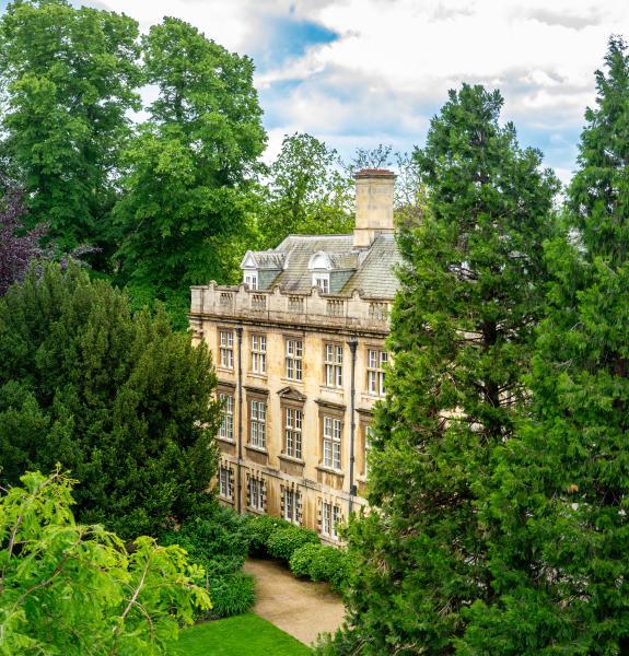 College buildings framed in green foliage 