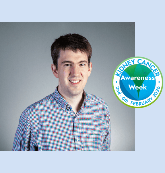 Headshot of James Jones with Kidney Cancer Awareness week logo