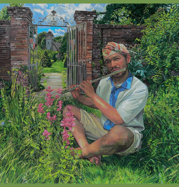 Portrait of Neo Allert playing a flue in a walled garden with a church in the background