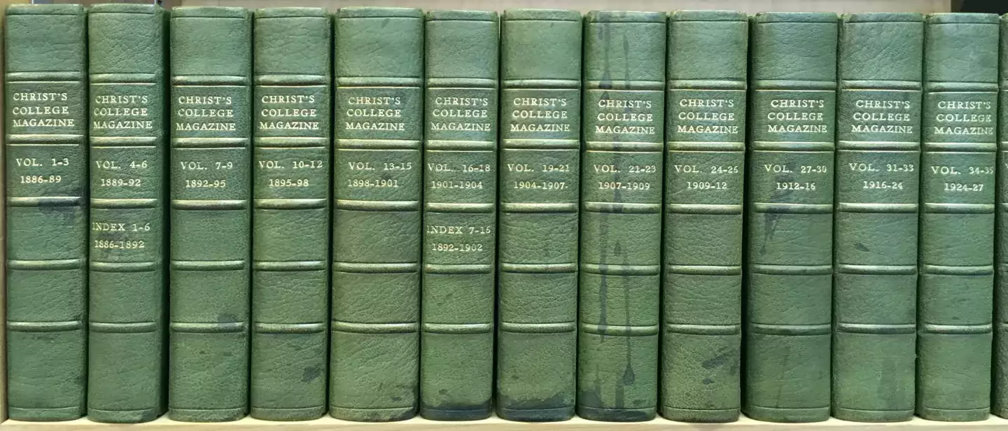Shelfie of bound copies of Christ's College Magazine