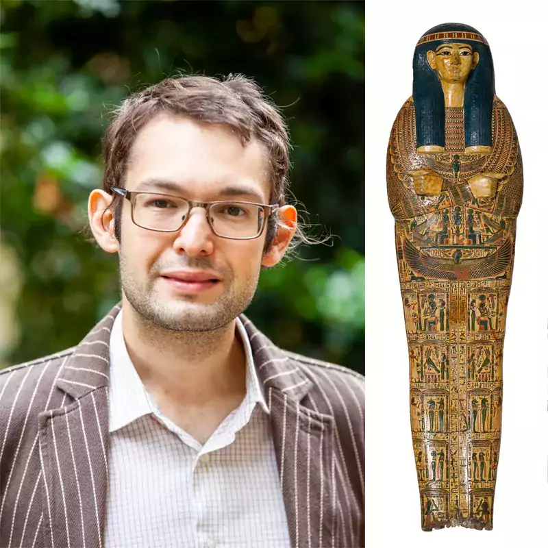Headshot of man alongside Egyptian sarcophagos