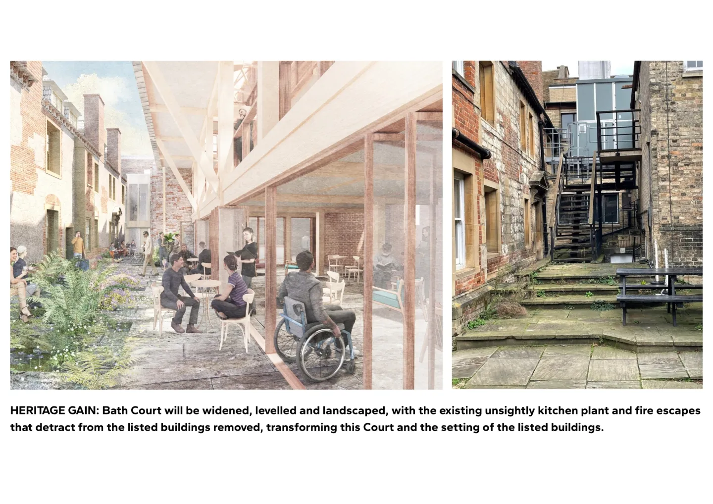 Artist's impression of redesigned Bath Court alongside photograph of exisiting court with prominent fire escape