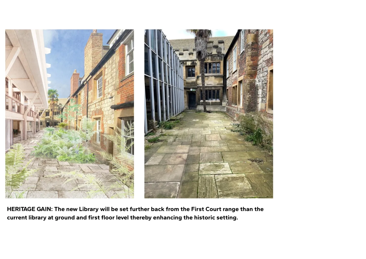 Artist's impression of redesigned Bath Court alongside photograph of exisiting court looking towards Bodley Library