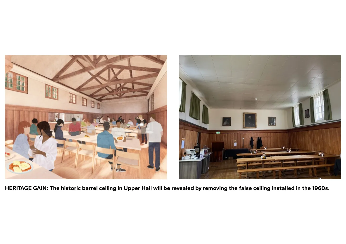Artist's impression of Upper Hall with barrel roof alongside photograph of exisiting Upper Hall with false ceiling