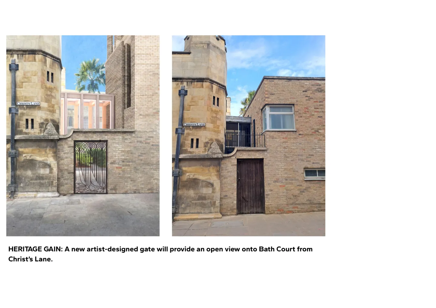 Artist's impression of new gate alongside photograph of exisiting