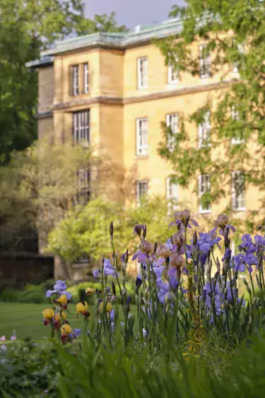 Flowers in front of the Blyth Building in the Fellows' Garden